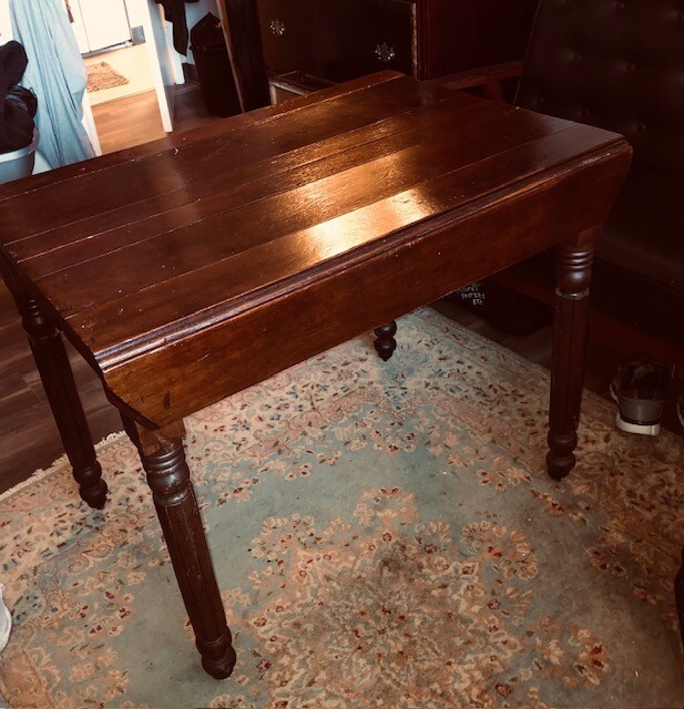 Antique Oak Drop Leaf Kitchen Table W/Steel Wheels in Vintage Shape