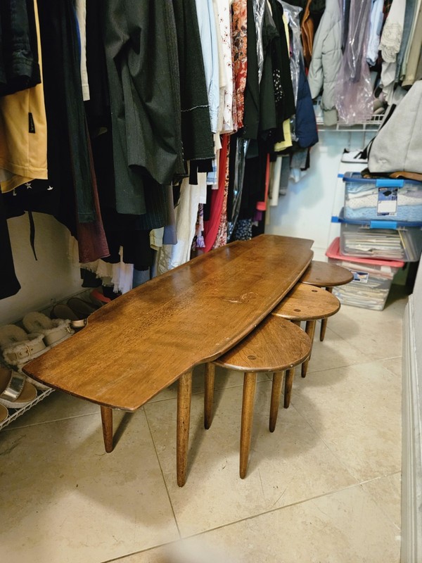 Mid Century Modern Vintage Coffee Table Surfboard Table w/ 3 Matching Stools