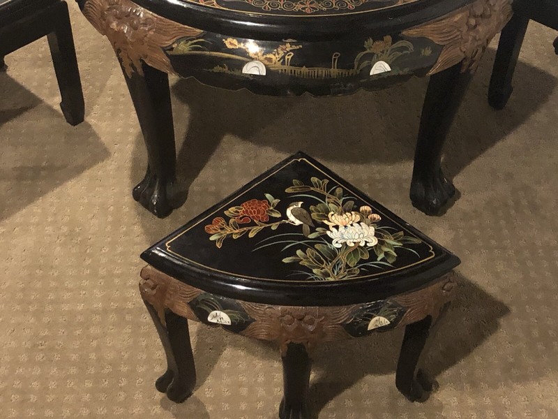 Vintage Chinoiserie Coffee Table W/Tuck Chairs, Mother Of Pearl, Birds & Flo gallery