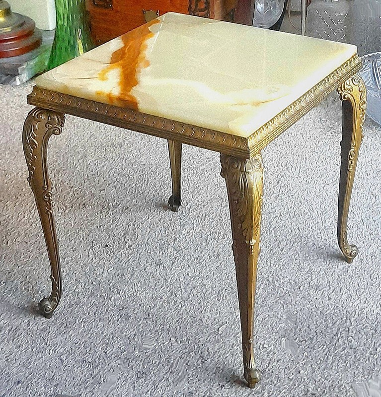 VINTAGE ONYX & GILT METAL COFFEE TABLE – 13.5 INCHES TALL, 12.5 INCHES WIDE