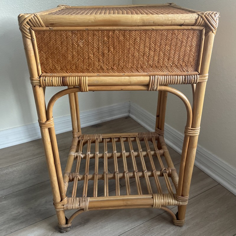 MCM Coastal Bamboo Woven Rattan w/Drawer+Bottom Shelf-Side Table Night Stand 25” gallery