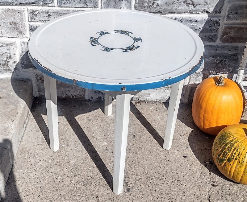 Vintage Shabby Blue White Art Deco Porcelain Enamel Round Low Child’s Table