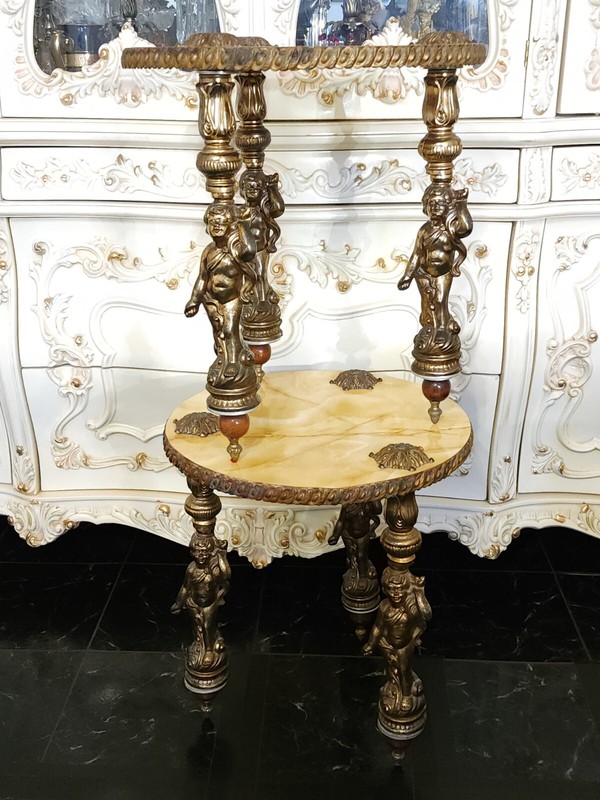 Vintage French Style Hollywood Regency 3 Leg Cherub Round End Tables Set of 2