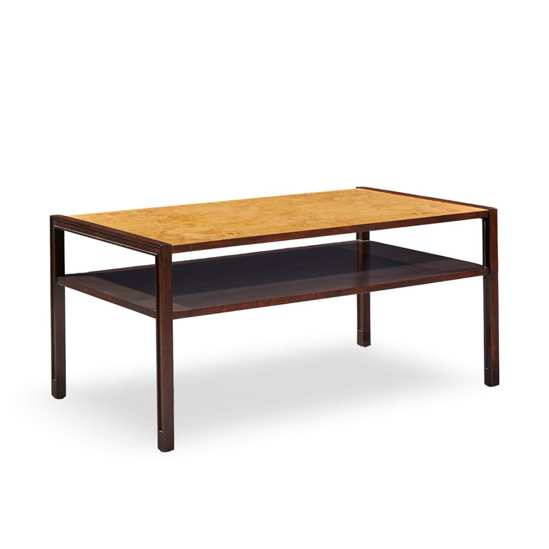 Edward Wormley for Dunbar Mid Century 2-Tier Burlwood and Mahogany Coffee Table gallery