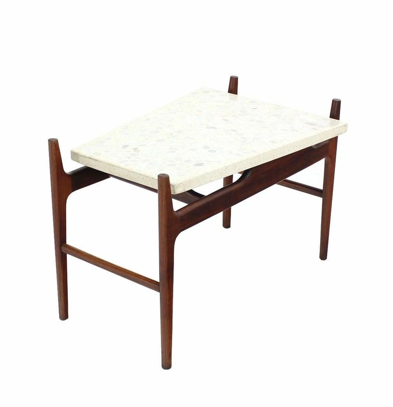 Unusual Trapezoid Travertine Terrazzo Top Oiled Walnut Base End Side Table MINT gallery