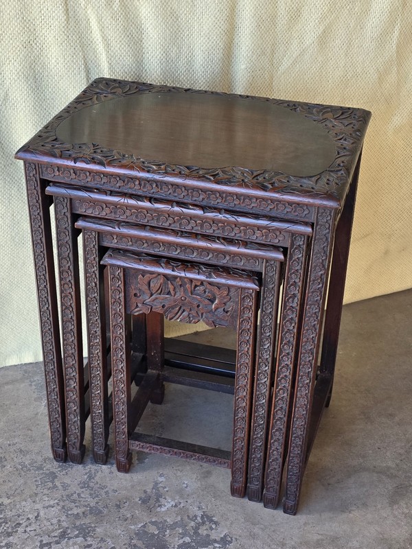 Set Of 4 Vintage Chinese Hand Carved Rosewood Or Mahogany Nesting Tables