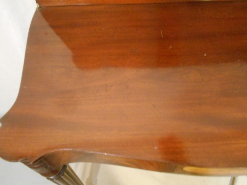 ANTIQUE 18th C. SHERATON COOKIE CORNER REEDED LEG CARD TABLE~ FLAME BIRCH PANEL gallery