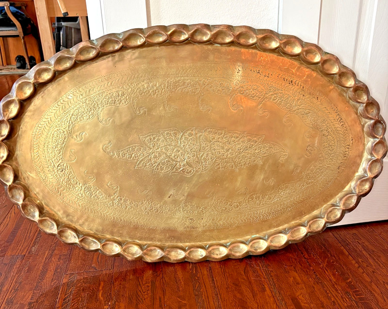 1960s Moroccan Teak and Hammered Etched Brass Oval Tray Spider Leg Coffee Table