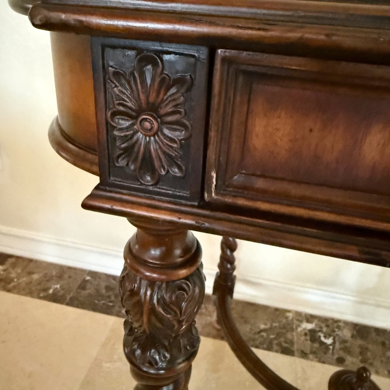 Maitland Smith Single Drawer Table Inlaid Top Barley Twist Legs Mahogany ? 31.5" gallery