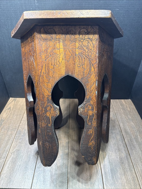 Antique Carved Wood Hexagonal Side Table Anglo Indian Moorish Accent Table gallery