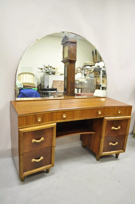 Vintage Mid Century Modern Art Deco Walnut Vanity Table w Mirror by Joerns Bros gallery