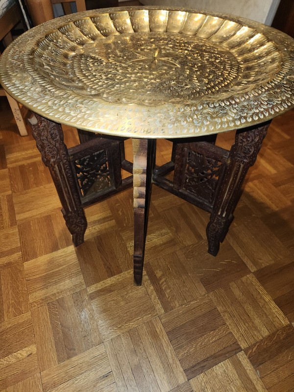 FOLDING MOROCCAN INDIAN TABLE WITH BRASS TOP