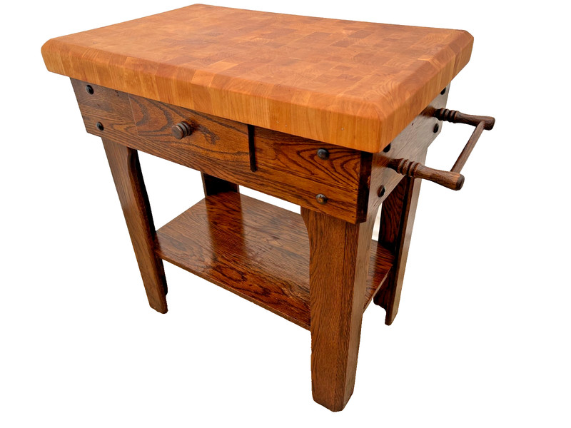 Vintage Butcher Block Carving Table Oak Base with Drawer Shelf End cut Maple top