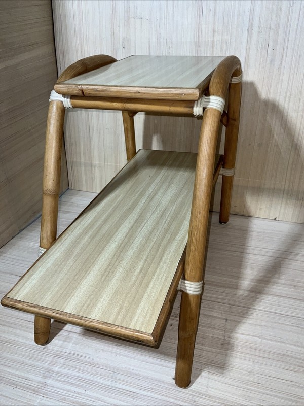 Vintage Bamboo Rattan Side Table Vogue Boho End Table 2 Tier Casual Furniture ￼ gallery