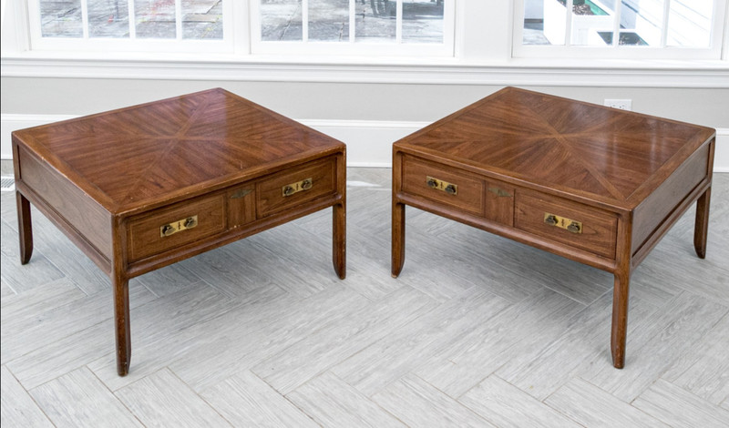 Vintage Marquetry Single Drawer End Tables —A Pair