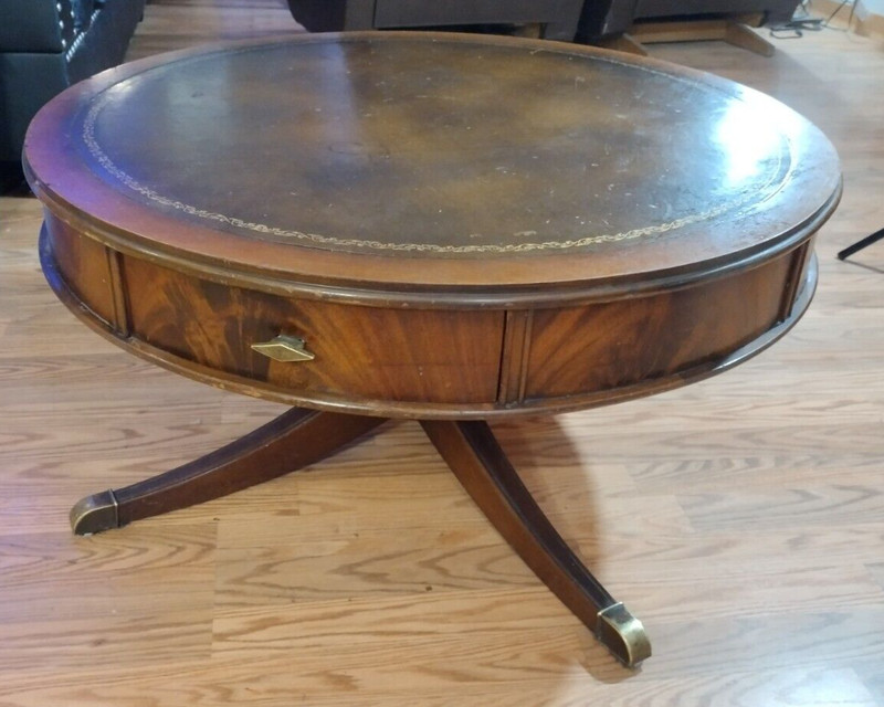 Antique Inlaid Leather Top Double Drawer Mahogany Drum Center Coffee Table VTG