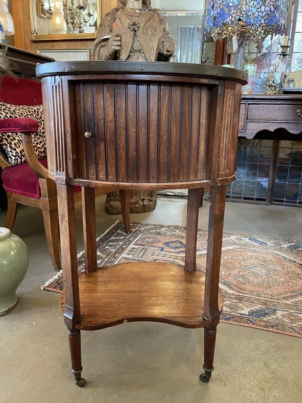 Early 19th Century French Oval Fruitwood Marble Top Side Table w/ Tambour Door gallery