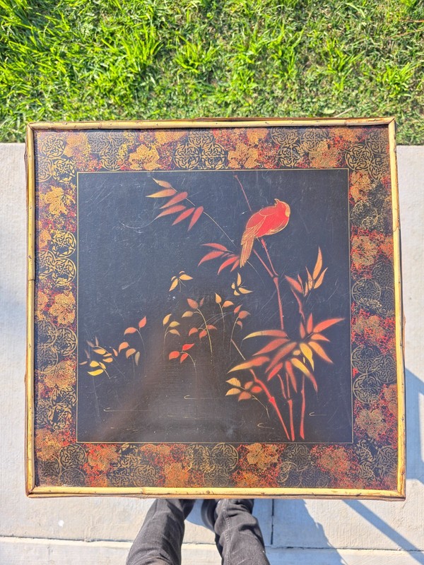 Rare Antique Chinoiserie Bamboo Table | Hand-Painted Lacquer Panels, c.1900 gallery