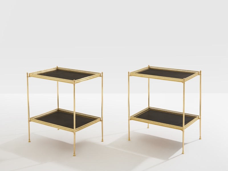 Maison Jansen pair of two-tier side tables brass black leather 1960s gallery