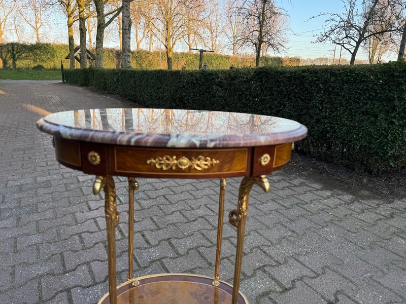 Table French Louis XVI Mahogany Bronze Marble Top Oval Side 1980 gallery