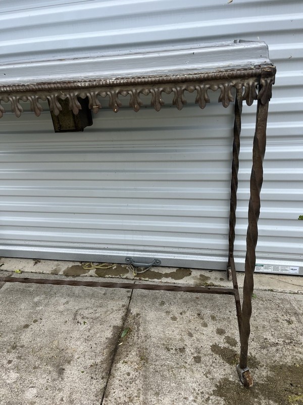 ANTIQUE Gothic Funeral Home WROUGHT IRON CHURCH ALTER TABLE W/ OFFERING BOX gallery