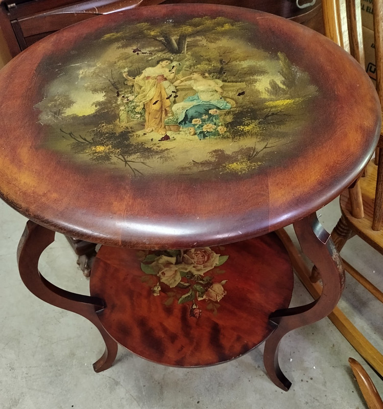 antique two tier Italian accent table roccoco scene, Fragonard style