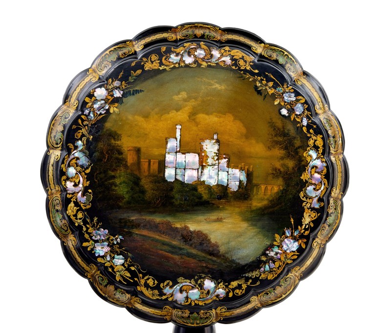 19TH CENTURY PAPIER MACHE AND PAINTED MOTHER OF PEARL INLAID TILT-TOP TABLE gallery