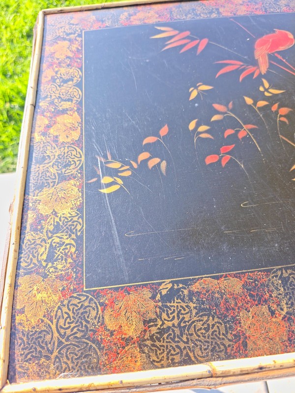 Rare Antique Chinoiserie Bamboo Table | Hand-Painted Lacquer Panels, c.1900 gallery