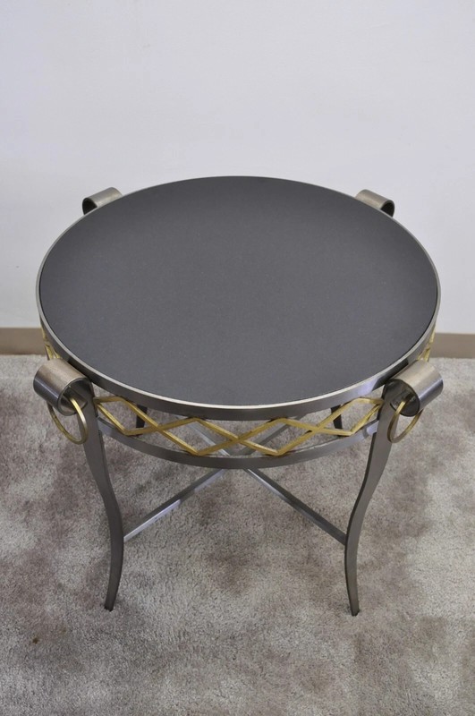 Neoclassical Maison Jansen Style Steel Black Marble Round Bouillotte Side Table gallery