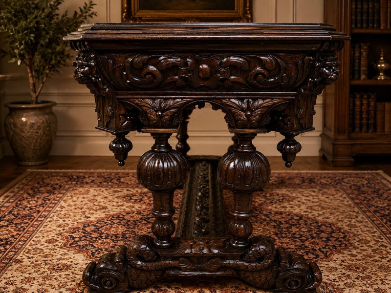 RARE Victorian Carved Oak Table 1870s Handmade Gothic Jacobean UK Delivery gallery