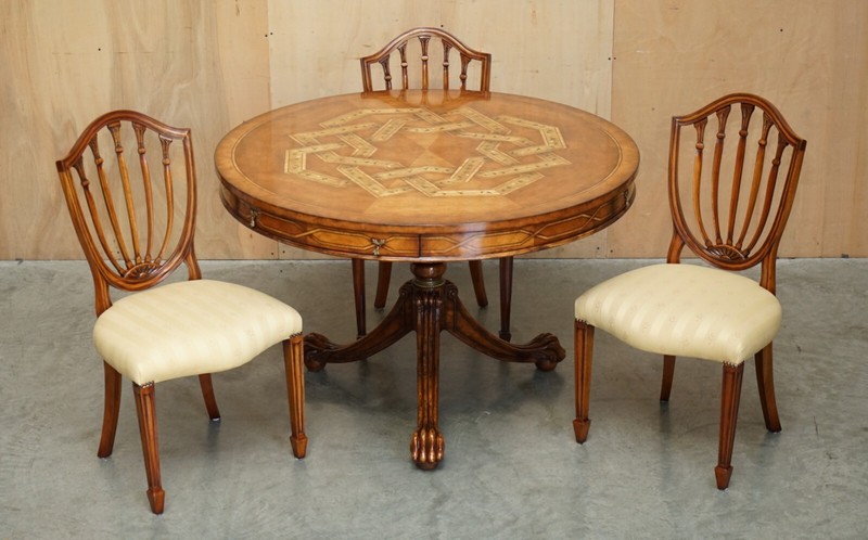 VINTAGE CELTIC DESIGN BURR OAK & WALNUT DINING OCCASIONAL GAMES TABLE & CHAIRS gallery