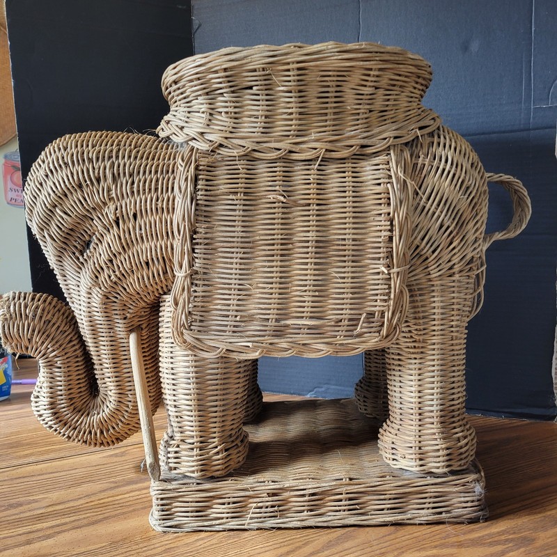 Vintage Boho Rattan Wicker Elephant Side Table Plant Stand 10"x 27"x 11" gallery