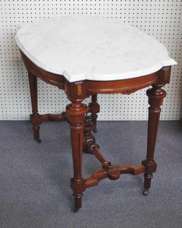 Antique Victorian Eastlake Walnut Parlor Table White Turtle Marble Top, Spire gallery
