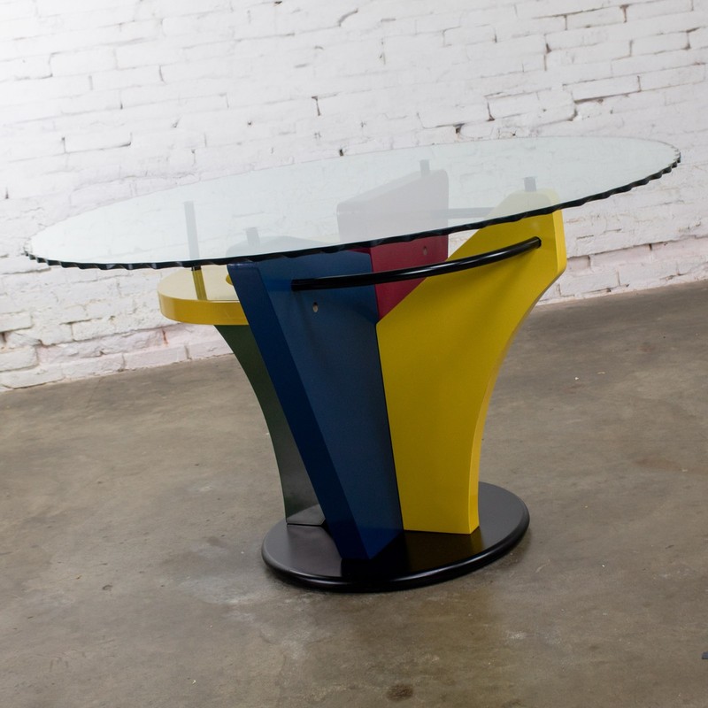 Postmodern Dining Table Geometrical Base Round & Glass Top Style Memphis Group gallery