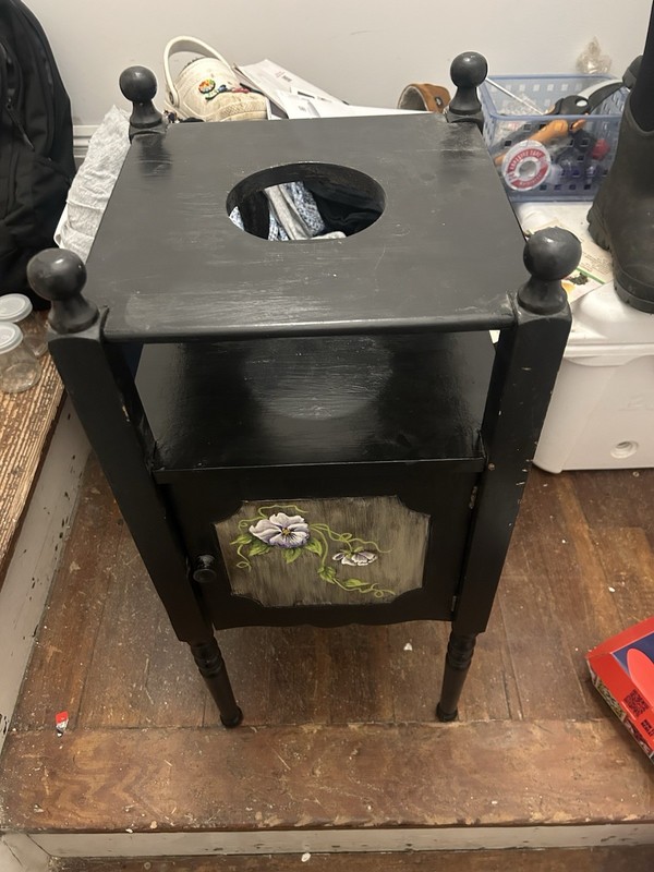 Antique Black Hand Painted Wood Side Table with Floral Design