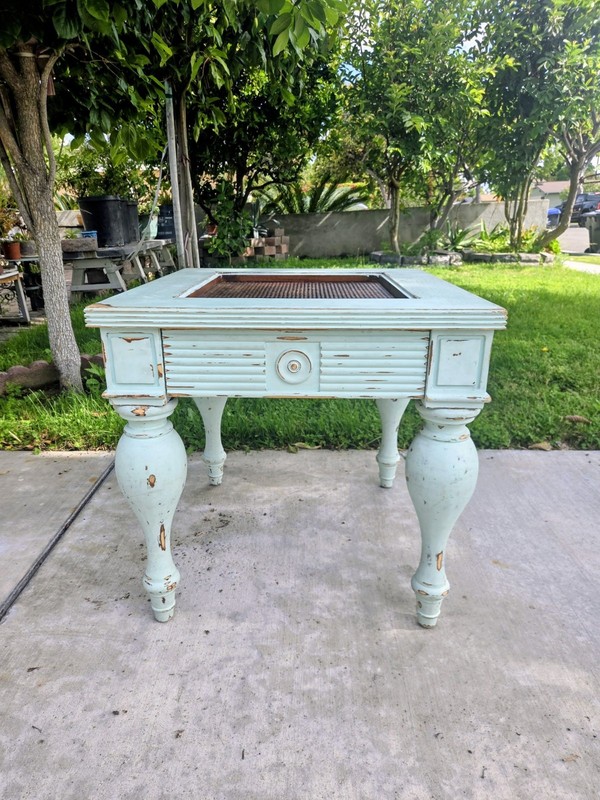 Vintage Rustic Style Chic Light Blue Side Table W/Glass Top