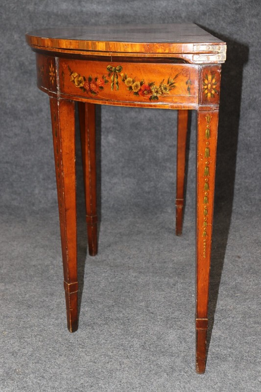 19th century English Adams Style Paint Decorated Leather Top Demilune Table gallery