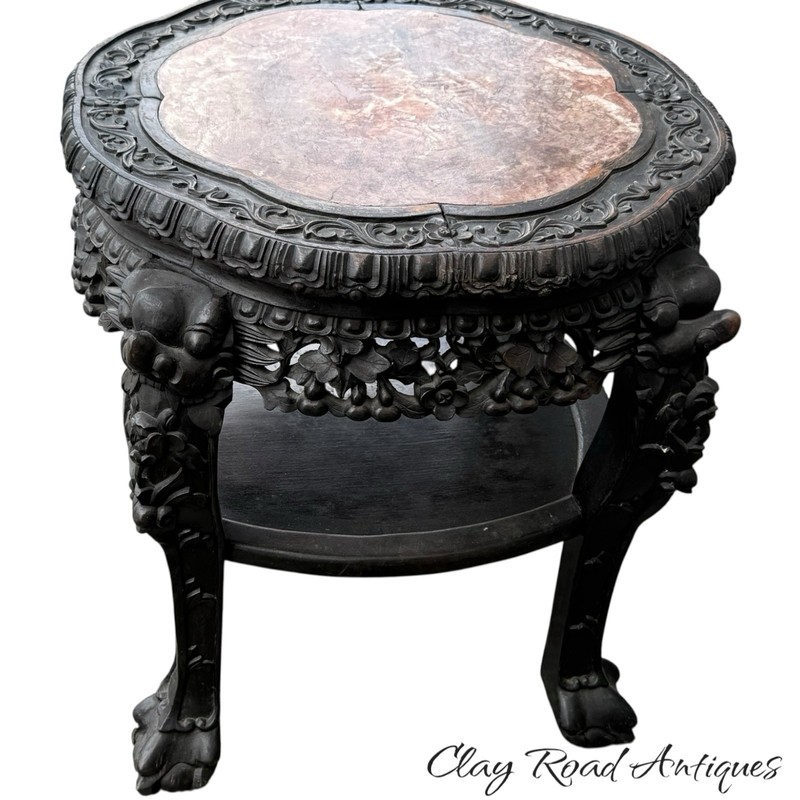 Antique Chinese rosewood & rose marble top plant stand table Victorian gallery