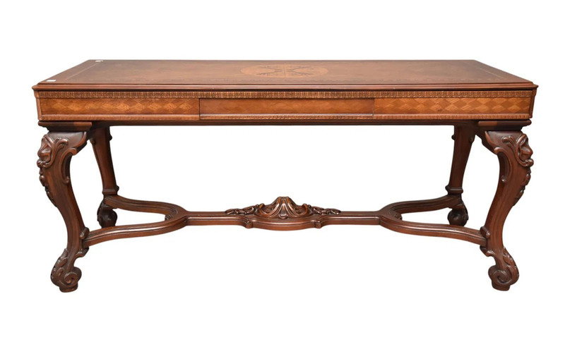 Mahogany Library or Console Table with Marquetry Top Inlay in Center