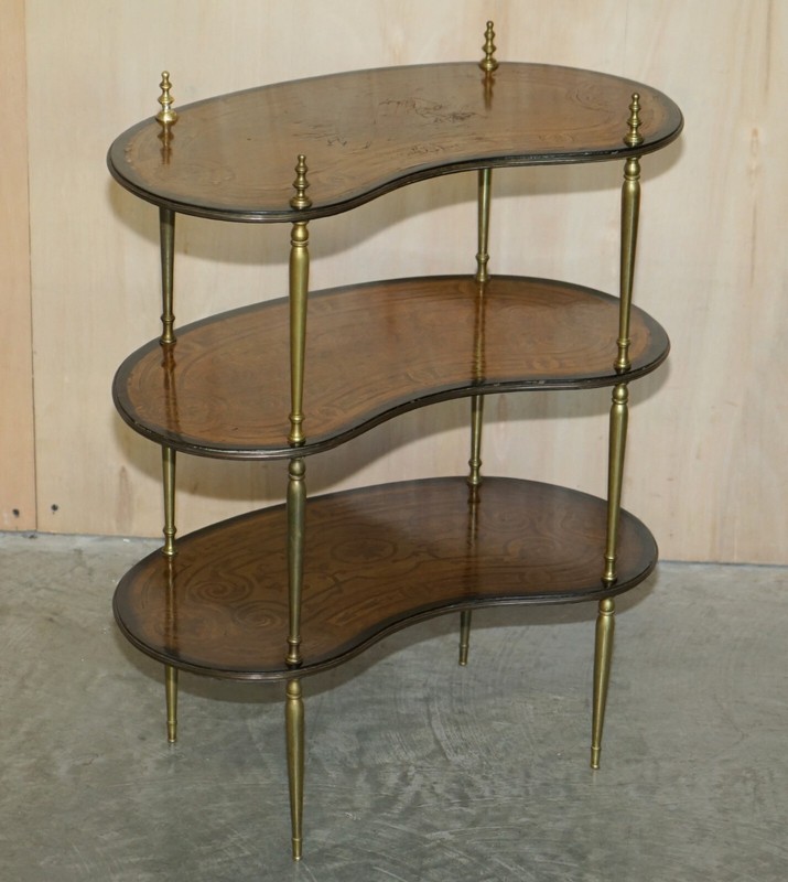FINE PAIR OF ANTIQUE CONTINENTAL THREE TIER KIDNEY SHAPED BRASS ETAGERE TABLES gallery