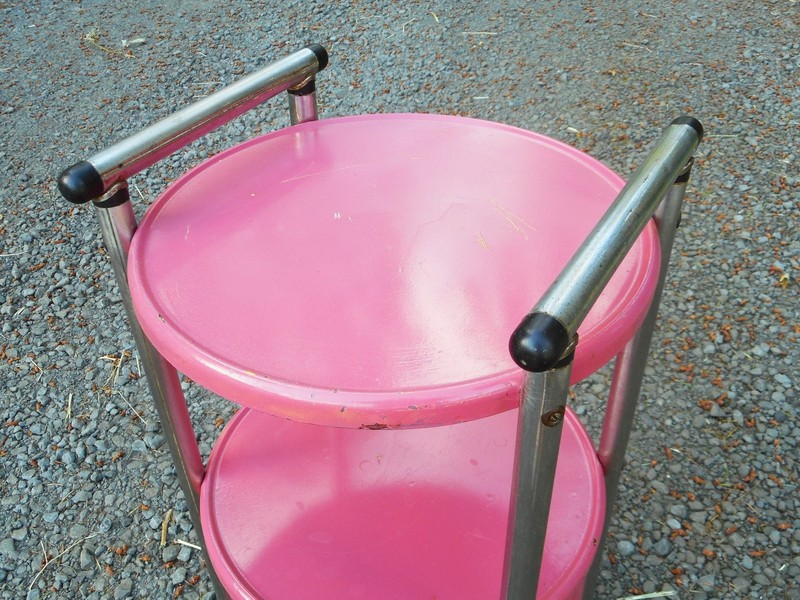 Mid Century Modern Pink & Chrome Serving Bar Cart Trolley 3 Tier Round Trays gallery