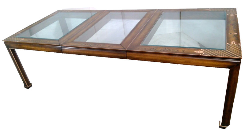 Mid Century Asian Dining Table 102" long Glass paneled top hand painted