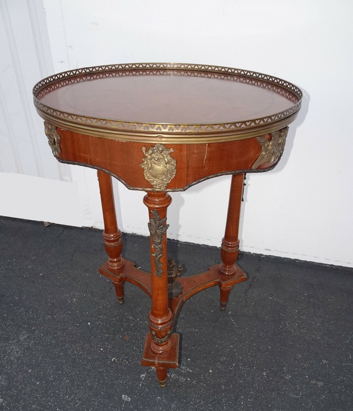 Vintage French Louis XVI Side Table w Brass Ormolu Marquetry Inlay Brass Fencing gallery
