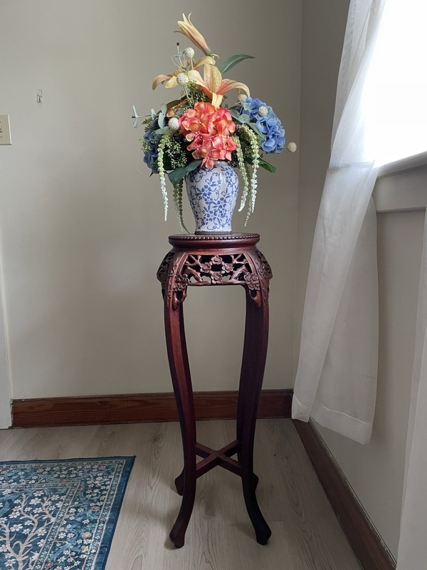 Vintage Chinese Rosewood With Marble Top Plant Stand Side Table Pedestal Carved gallery