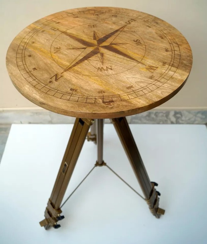 24″ Round Cocktail Bar Table Nautical Compass Engraved Vintage Restaurant Decor