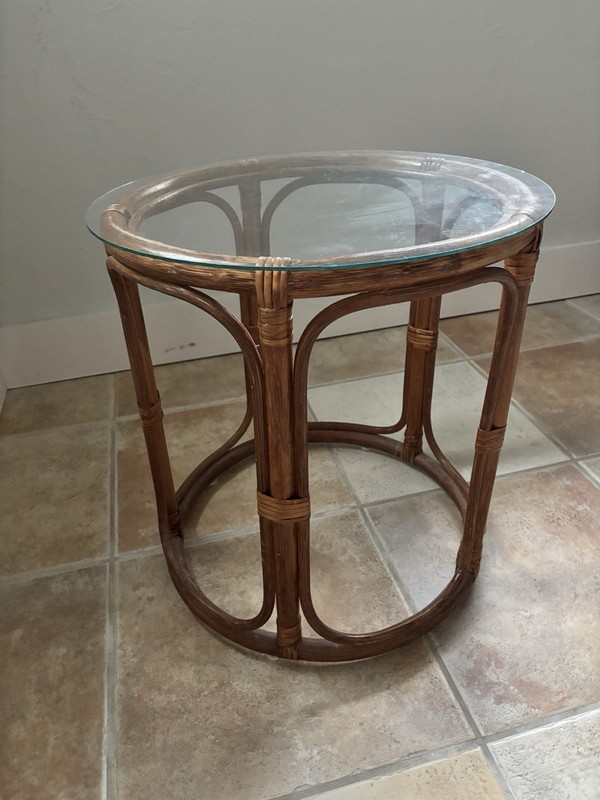 Vintage Rattan Bamboo Round Side End Table Glass Top MCM Tiki Boho Drum gallery