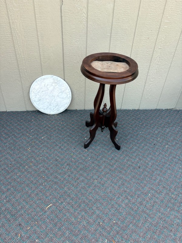 67777 Victorian Marble-Top Pedestal Table with Ornate Wooden Base gallery