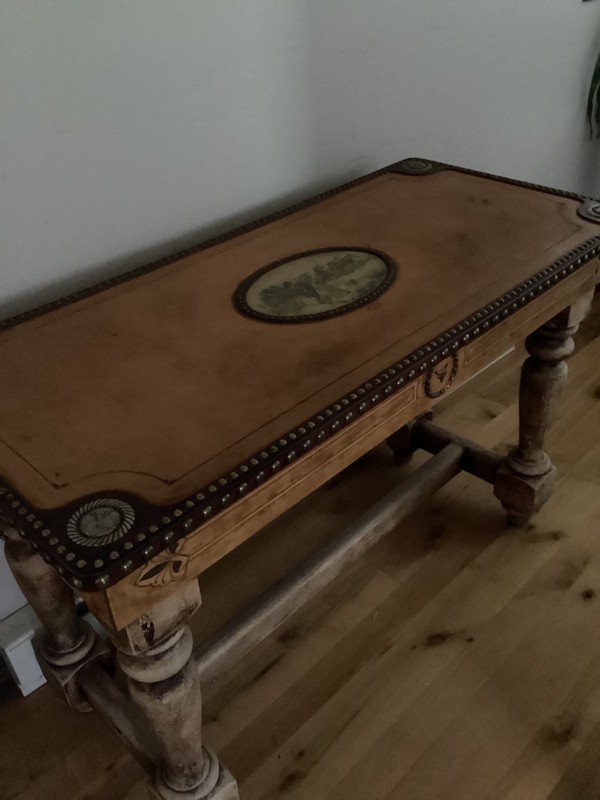 Buck Flynn Hand Painted Indian Scene Hand Stretched Leather Parlor 72” Table