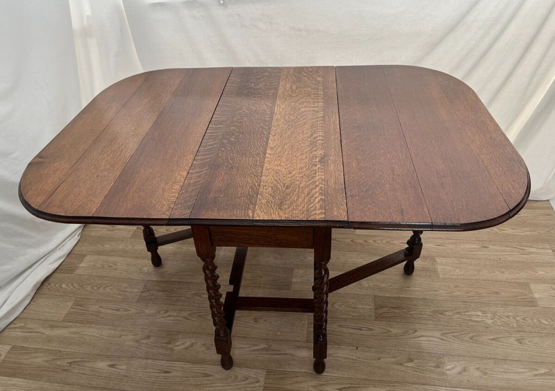 Antique Barley Twist Gate Leg Kitchen Table Drop side Leaf Rectangle Tiger Oak gallery