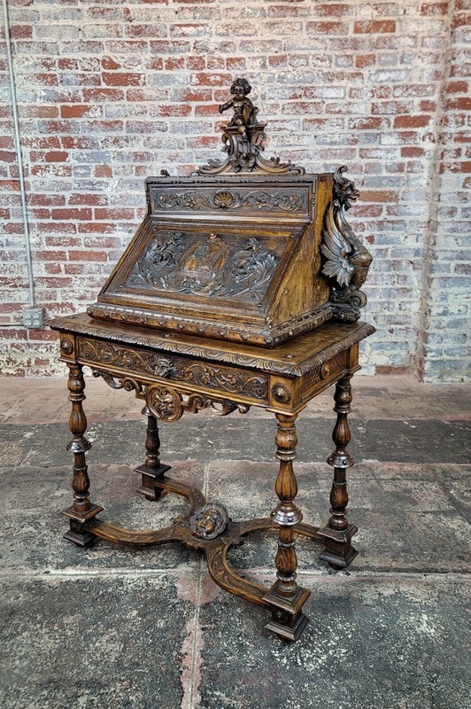 19th century Highly carved Italian Drop Leaf Desk w/ Griffin & Putti